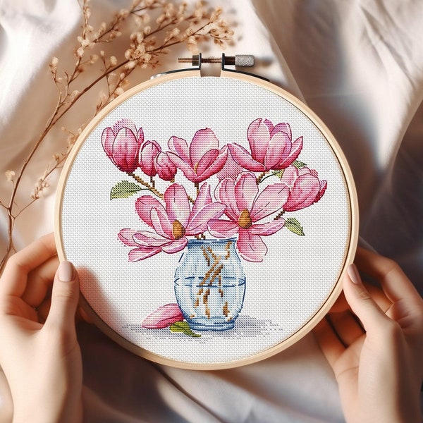 Pink Magnolia in Glass Vase Cross Stitch Pattern Magnolia Flowers Stitchery Floral Chart PDF Purple Spring Magnolia in Bloom Embroidery