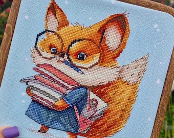 Cute Fox Cross Stitch Pattern PDF & SAGA | Easy Small Cartoon Fox | Back to School Embroidery | Beginner Cross Stitch Design