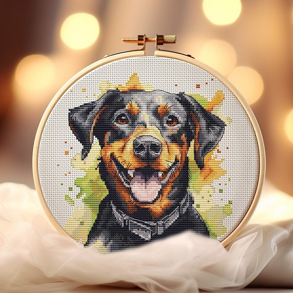 Acuarela Doberman patrón de punto de cruz Rottweiler sonriente gráfico de bordado retrato de perro PDF amante de los perros DYI regalo descarga instantánea