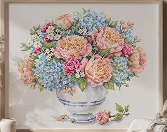 Floral Harmony Cross Stitch Pattern | Peony & Rose Bouquet in Vase | Hydrangea Garden Flowers | Large Realistic PDF + Saga