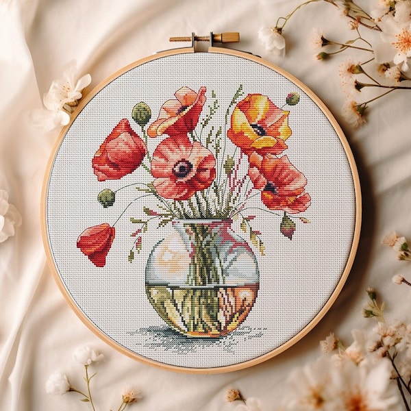 Coquelicots rouges dans un vase en verre, motif au point de croix, bouquet de fleurs rouges, broderie, aquarelle, fleurs sauvages, PDF, motif floral au point X