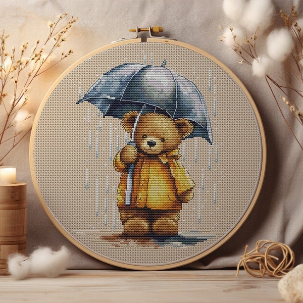 Ours avec parapluie au point de croix Ours en peluche en imperméable jaune Grille de broderie Ours automne mignon au point Téléchargement instantané PDF