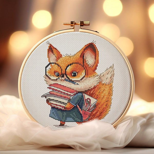 Fox with Books Cross-Stitch Pattern Clever Fox Student Embroidery PDF Bookish Fox Stitching Back To School Instant Download PDF