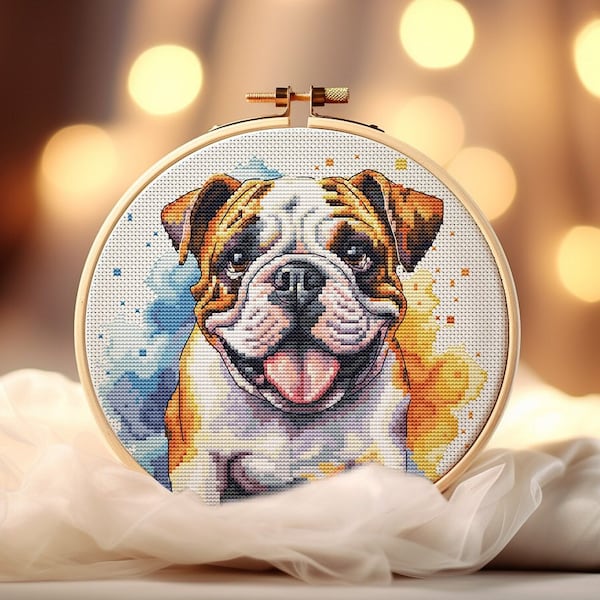 Bulldog anglais, aquarelle, point de croix, aquarelle, portrait, chien, broderie, sourire, heureux, chiot, PDF, bon garçon, point de croix