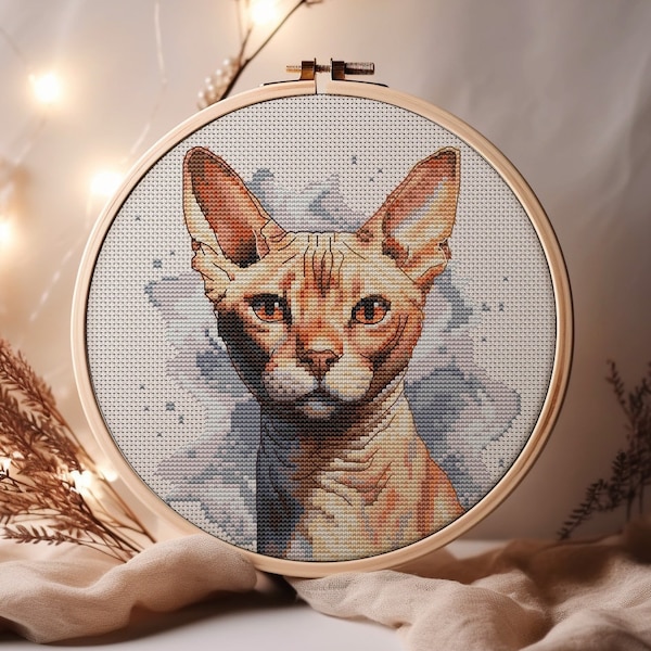 Sphynx Cat Portrait Cross Stitch Pattern Watercolor Canadian Sphynx Cat PDF Chart Peterbald and Donskoy Hairless Cat Breed Feline Stitchery