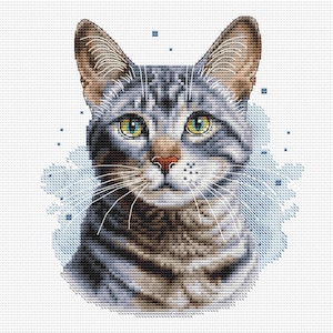Chat Mau égyptien, point de croix, portrait de chat tigré gris, tableau PDF portrait réaliste de chat domestique à broder, amoureux des chats, broderie