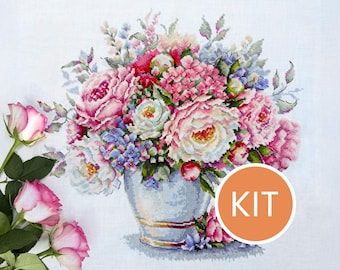 KIT Peony Bouquet in Vase Cross Stitch Kit contains Aida, DMC cotton floss, printed pattern | Gorgeous Floral Bouquet Embroidery Kit