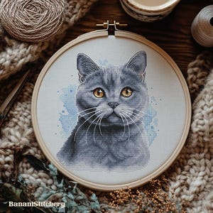 British Blue Shorthair Cat Cross Stitch Pattern Watercolor Grey Cat