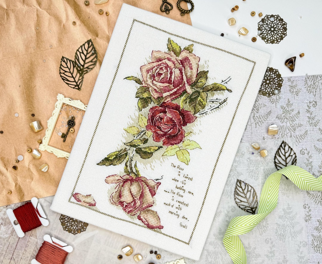Vintage Roses Cross Stitch Pattern Pink and Red Roses Postcard PDF