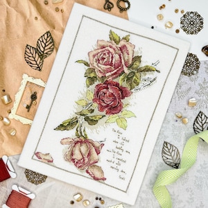 Kreuzstichmuster Vintage Rosen rosa rote Rosen Postkarte PDF Stickdatei Retro Frowers Stickerei Blumen Kreuzstich englische Rosen