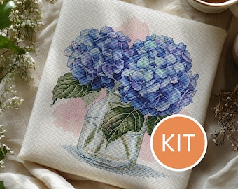 KIT Blue Hydrangea in Vase Cross Stitch Kit contains Aida, DMC cotton floss, printed pattern | Summer Purple Hortensie  Embroidery Kit