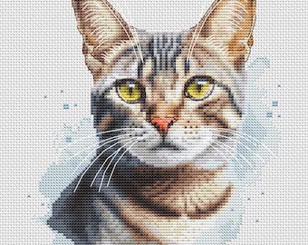 Watercolor Tabby Cat With Green Eyes Cross Stitch Pattern