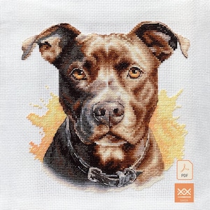 May include: A cross-stitch embroidery pattern featuring a brown and black pit bull dog with amber eyes, wearing a dark collar. The dog is centered against a yellow watercolor-style splash background on white fabric. Includes a PDF icon and SAGA logo.