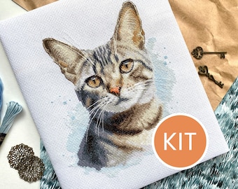 KIT Tabby Cat Portrait Cross Stitch Kit contains Aida, DMC cotton floss, printed pattern | Domestic Shorthair Cat Embroidery Kit