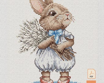 Bunny Cross Stitch Pattern, Baby Rabbit with Flowers | Easter Spring PDF & SAGA Chart | Cute Nursery Animal Gift — Bunny with Bouquet