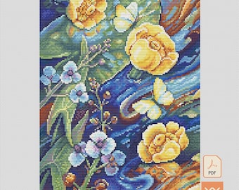 Puede incluir: Un patrón de punto de cruz con nenúfares amarillos y pequeñas mariposas blancas sobre un fondo azul y naranja arremolinado. El diseño incluye flores azul claro sobre tallos verdes y un pequeño icono de PDF en la esquina.