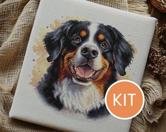 KIT Bernese Mountain Dog Cross Stitch Kit contains Aida, DMC cotton floss, printed pattern | Dog Portrait Embroidery Kit