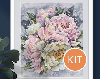 KIT Watercolor Peony Bouquet Cross Stitch Kit contains Aida, DMC cotton floss, printed pattern | Floral Full Coverage Embroidery Kit