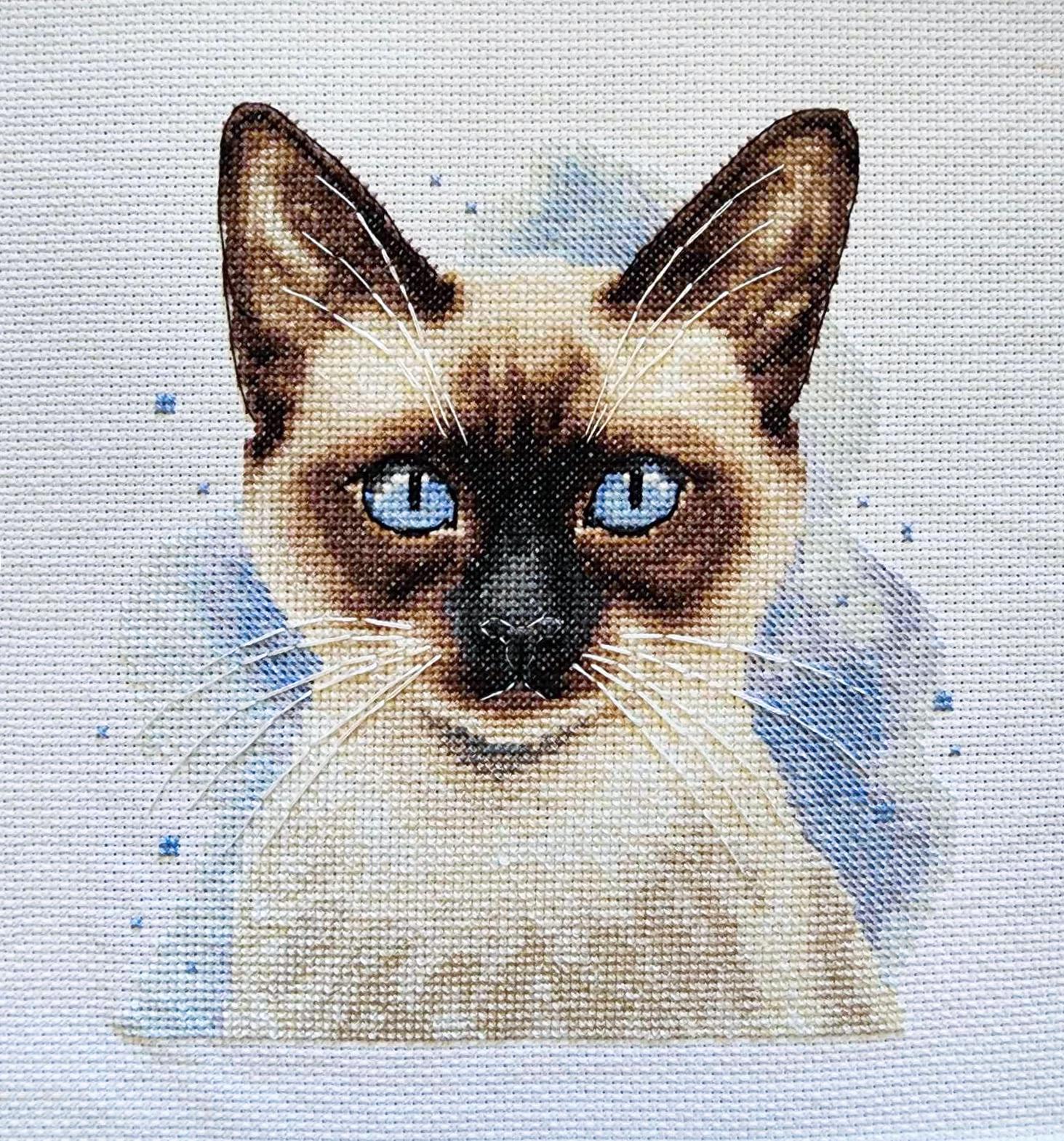 猫の手描き絵画 シャム猫 シャム猫のクロスステッチパターン 水彩画タイ猫の肖像画 PDF チャート