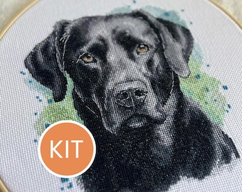 KIT Black Labrador Portrait Cross Stitch Kit contains Aida, DMC cotton floss, printed pattern | Watercolor Lab Retriever  Embroidery Kit