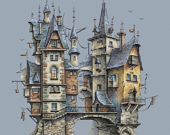 Old Bridge Cross Stitch Pattern | PDF and SAGA Chart | Fantasy City Embroidery Design | Medieval Town Architecture Pattern