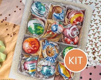 KIT Christmas Baubles Box Cross Stitch Kit contains Aida, DMC cotton floss, printed pattern | Vintage  Christmas Ornaments Embroidery Kit