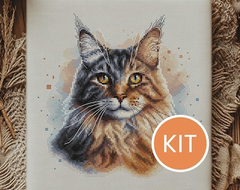 KIT Maine Coon Portrait Cross Stitch Kit contains Aida, DMC cotton floss, printed pattern | Fluffy Cat Embroidery Kit