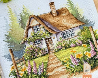 Enchanting English Cottage & Garden Cross-Stitch Pattern Summer Little Village House in Forest Country Manor Cross-Stitch Chart PDF and SAGA