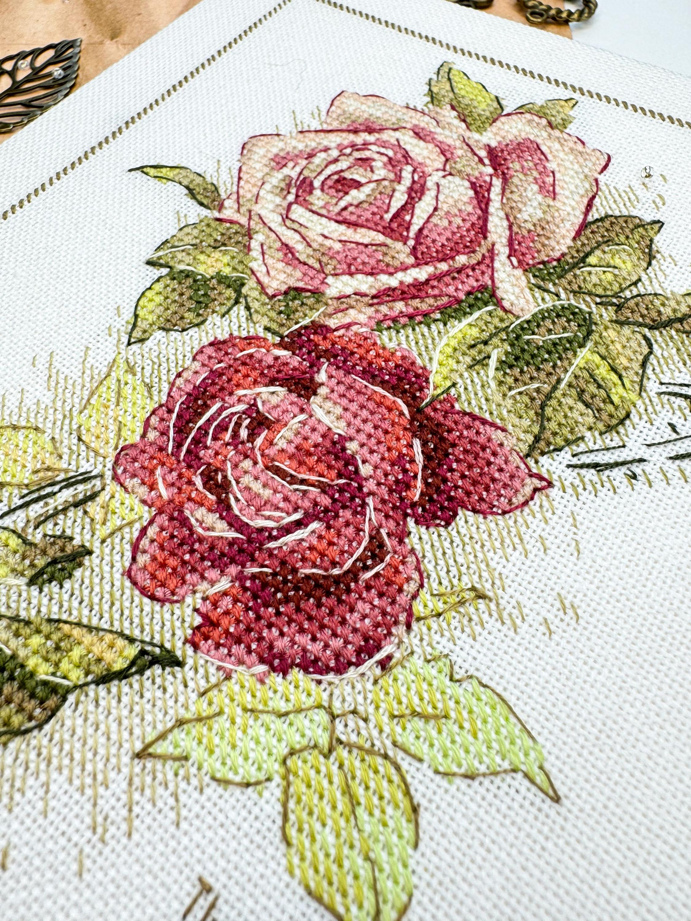Vintage Roses Cross Stitch Pattern Pink and Red Roses Postcard PDF