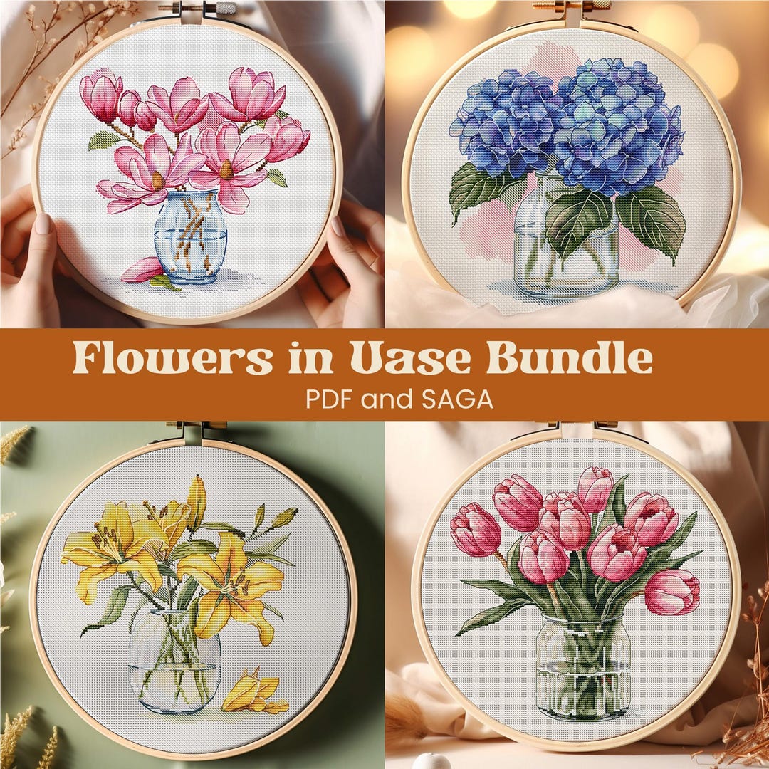 Flowers in Vase Bundle Cross Stitch Patterns | Set of 4 Floral PDF and ...