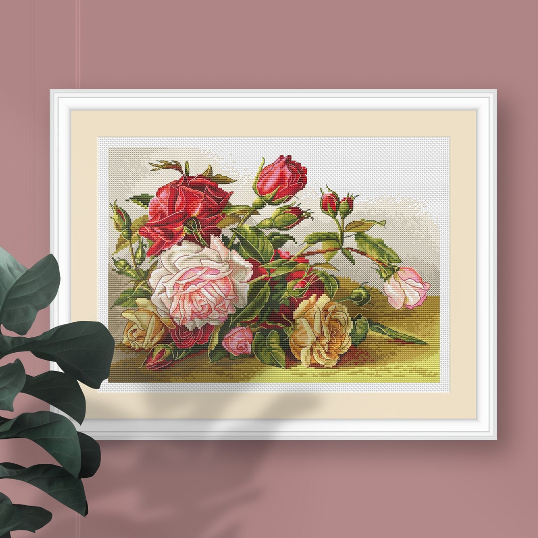 Vintage Garden Roses Cross Stitch Pattern Retro Floral Cross Stitch PDF ...