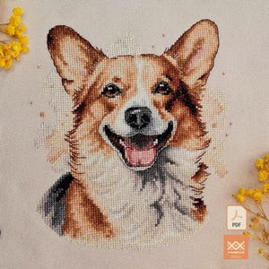 Corgi Cross Stitch Pattern, Smiling Pembroke Welsh Corgi Portrait | Watercolor Dog PDF & SAGA Chart | Dog Lover Gift — Welsh Corgi