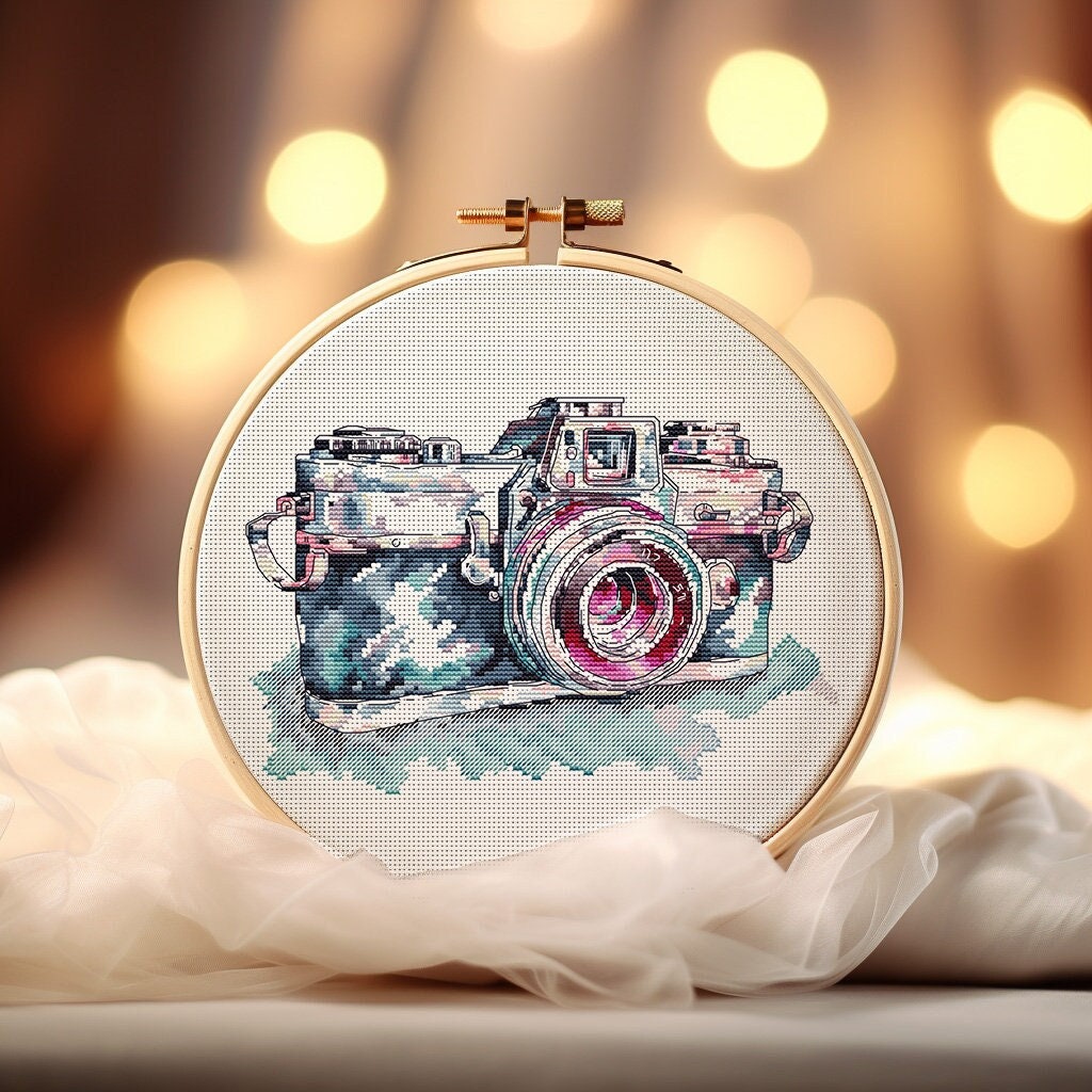 Thread Stitching Card Camera Old Photo Camera Cross-stitch Pattern Watercolor Vintage Camera PDF ...