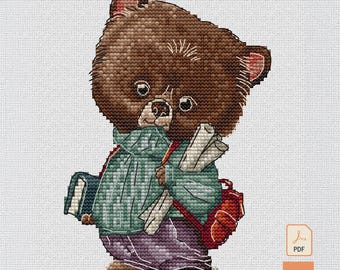 Modèle de point de croix Ours, Ours écolier mignon avec des livres | Rentrée scolaire - Guide PDF et diagramme SAGA pour débutants | Thème forêt pour chambre d'enfant