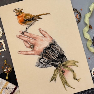 Motif de point de croix compté roi oiseau | Main élégante et Robin avec couronne | Broderie de style victorien vintage PDF et grille SAGA