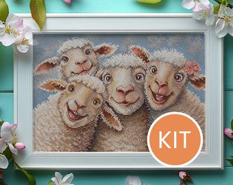 KIT Family Portrait Cross Stitch Kit | Cute Sheep Embroidery Kit | Contains Aida, DMC cotton floss, printed pattern
