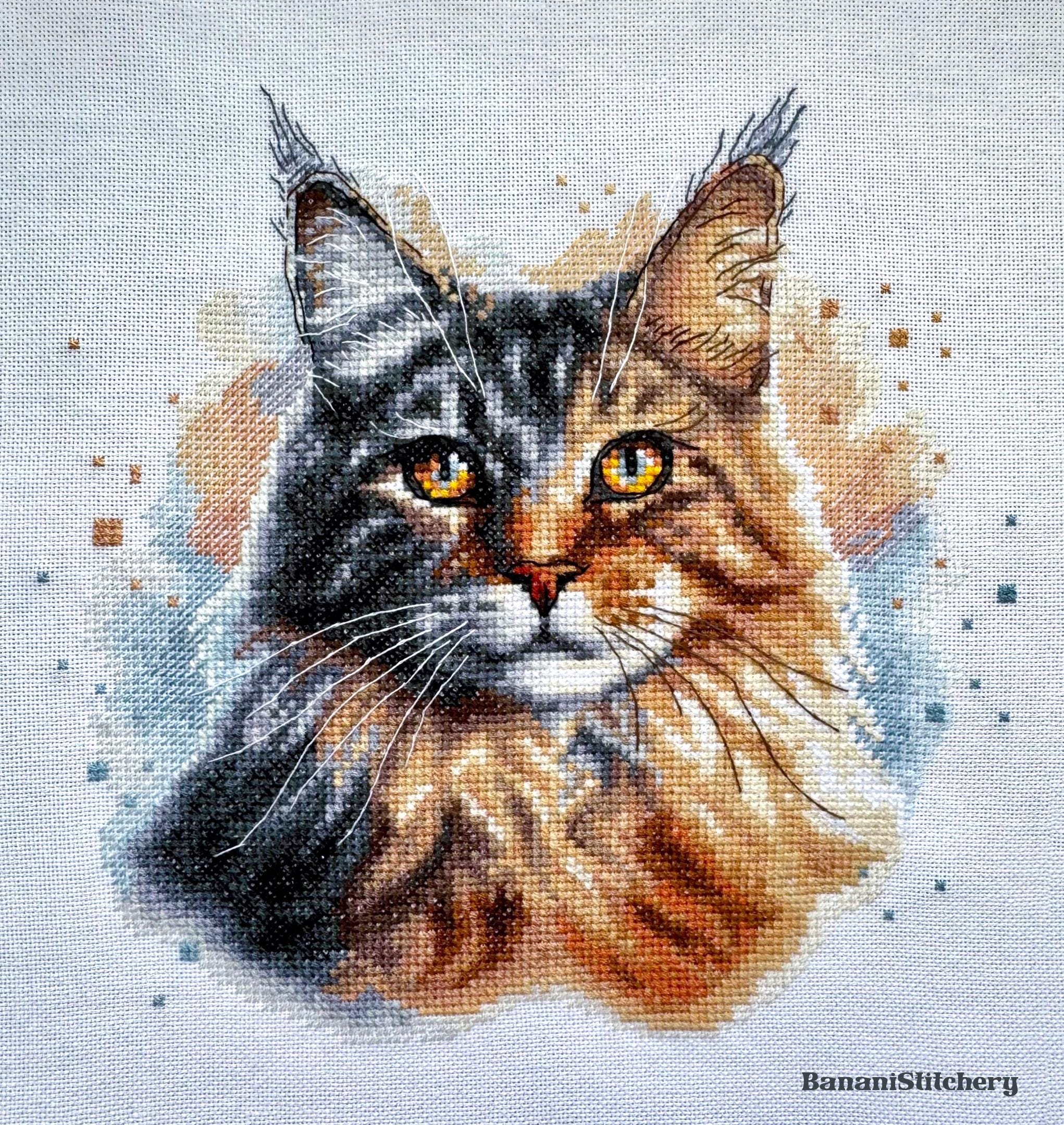 スコットランド製マーガレットタラント少女猫妖精水彩複製画額付き メインクーン猫のポートレートクロスステッチパターン水彩画大きな