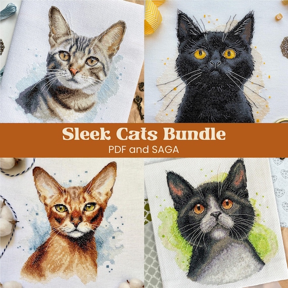 Sleek Shorthair Cats Cross Stitch Pattern Bundle: Tabby, Black
