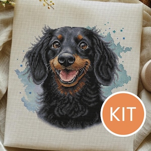 Può includere: Un kit per punto croce con un ritratto di un cane nero e marrone sorridente. Il cane ha lunghi peli ondulati ed è ambientato su uno sfondo acquerellato azzurro. La parola "KIT" è in un cerchio arancione.