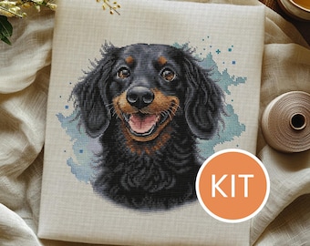 KIT Black Long-Haired Dachshund Cross Stitch Kit contains Aida, DMC cotton floss, printed pattern | Dog Portrait Embroidery Kit
