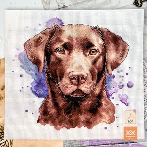 May include: A cross stitch pattern featuring a brown Labrador retriever dog portrait centered against a purple watercolor-style background on white Aida fabric. The design includes a small orange square icon with the text PDF and SAGA.