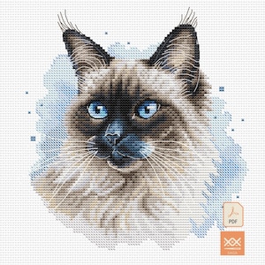 Könnte beinhalten: Ein Kreuzstichmuster mit dem Porträt einer Siamkatze mit leuchtend blauen Augen, dunkelbraunen Ohren und einer dunklen Gesichtsmaske. Die Katze ist vor einem hellblauen Aquarellhintergrund dargestellt, mit einem PDF-Symbol und SAGA-Logo in der Ecke.
