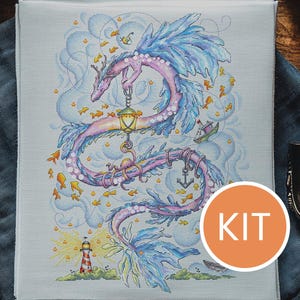 KIT Kit punto croce Soul of the Ocean contiene Aida, filo di cotone DMC, schema stampato / Kit ricamo drago rosa cinese