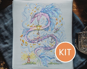 KIT Soul of the Ocean Cross Stitch Kit contains Aida, DMC cotton floss, printed pattern | Chinese Pink Dragon Embroidery Kit