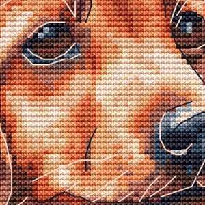 May include: A cross-stitch embroidery pattern featuring a close-up of a horse's face. The design uses a grid of colored threads in shades of brown, tan, and white to create the image, with dark outlines defining the eyes and facial features.