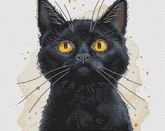 Black Cat Counted Cross Stitch Pattern | Watercolor Black