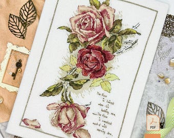 Kreuzstichmuster „Vintage Rosen“, rosa und rote Rosen mit Gedicht | Shabby Chic Blumenmuster (PDF & SAGA-Diagramm) | Cottagecore-Design