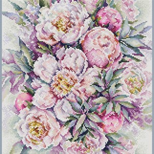 May include: A cross-stitch pattern of a bouquet of peonies in shades of pink, white, and green. The flowers have detailed petals and yellow centers. The leaves are a mix of green and purple. The text "BananiStitchery" is at the bottom.