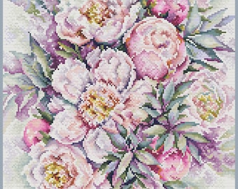 Tenderness of Peonies Cross Stitch Pattern PDF & SAGA | Watercolor Peony Bouquet, Full Coverage Floral Chart