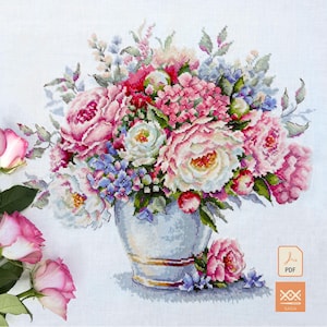 Patrón de punto de cruz Ramo de peonías / Hortensias y rosas en jarrón / PDF floral y gráfico SAGA